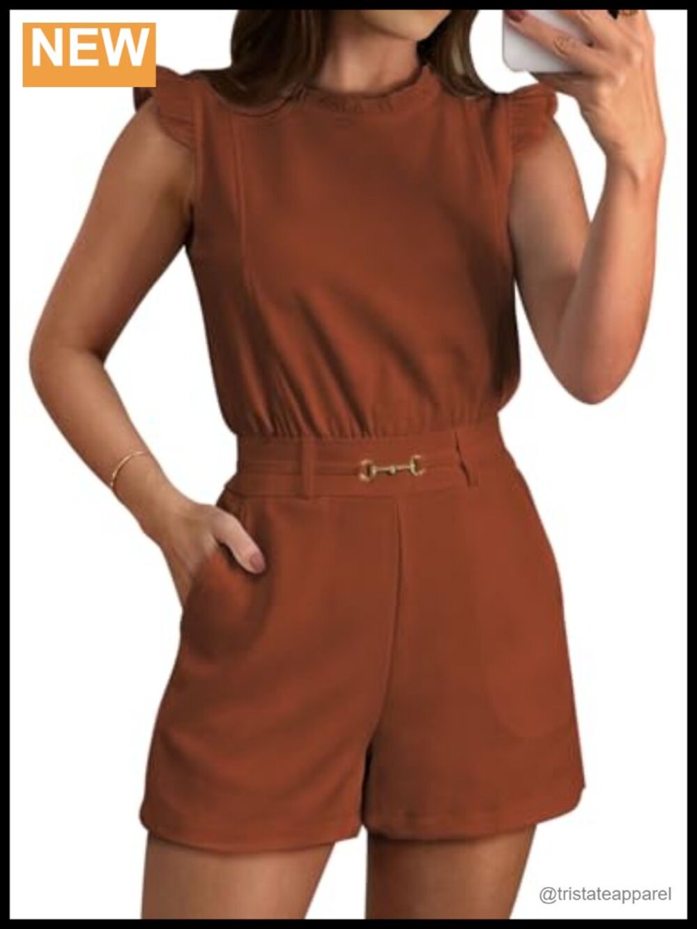 Women's Ruffle Sleeve Crew Neck Short Romper with Pockets